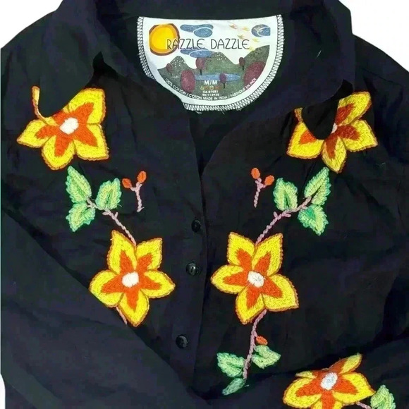 Razzle Dazzle Shirt Long Sleeve Floral Embroidered Button Up Black Womens Medium - Picture 4 of 6